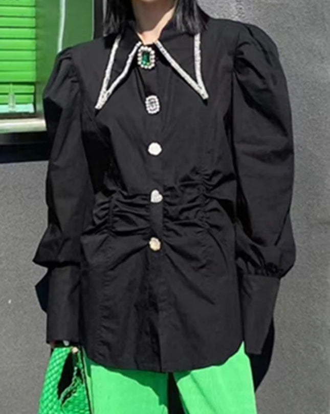 Damenhemden Französische Vintage-Bluse Frühling Button-Up-Hemd Spitzkragen Lange Puffärmel Schickes Knopf Slim Weiß Neue Oberteile
