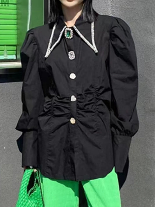 Women Shirts French Vintage Blouse Spring Button Up Shirt Pointed Collar Long Puff Sleeve Chic Button Slim White New Tops