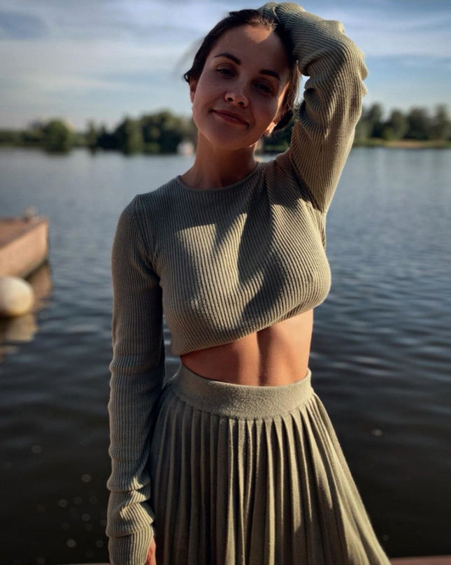 Solid Sexy Sweater Cropped Top Midi Skirt Two Piece Set Women Matching Set Outfits Button Up Split Skirts Winter
