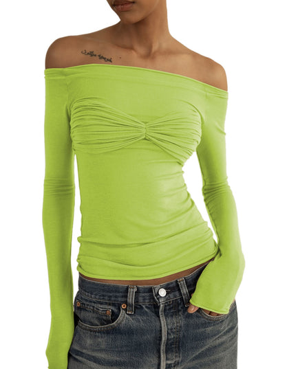 Elegante schulterfreie geraffte Strickoberteile für Damen, modische Frühling-Sommer-Langarm-Club-Party-Unifarben-T-Shirt-Kleidung