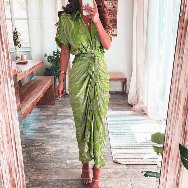 Elegante Damenkleider 2023 Sommer Mode Bedrucktes Kurzarm-Hemdkleid Vintage Taillenschnürung Knopfbandage Langes Kleid Robe