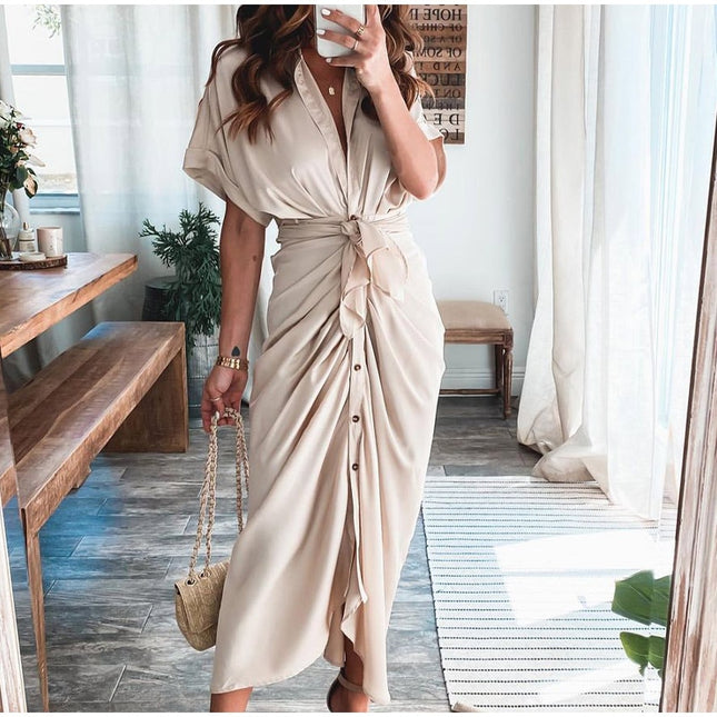 Elegante Damenkleider 2023 Sommer Mode Bedrucktes Kurzarm-Hemdkleid Vintage Taillenschnürung Knopfbandage Langes Kleid Robe