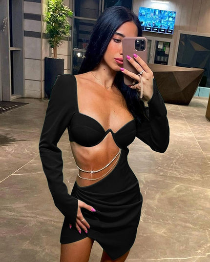 Herbst Elegantes Quadratischer Kragen Schlitz Minikleid Damen Sexy Cut-Out Seitenkette Club Party Gerafftes Bodycon Kleid Robe
