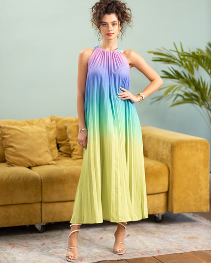 Regenbogen-Farbverlauf Lange plissierte Kleider Trägerlos Ärmellos Chiffon Nachtkleid Damen Sexy Party Sommer Strand Maxikleider Für Frauen
