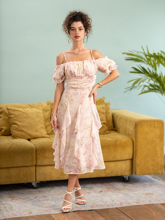 Pink Floral Summer Pleated Dresses Women High Waist Elegant Long Slip Dress Off Shoulder Sexy Maxi Beach Dresses For Women 2023
