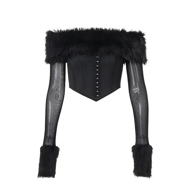 Schulterfreie schwarze Netzbluse mit Kunstpelzkragen und Manschetten – sexy Korsett-Oberteil mit langen Ärmeln