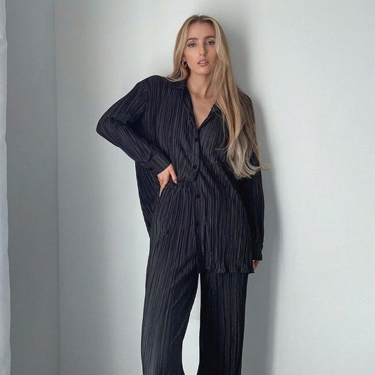Autumn Pleated Women's Sets Top and Pants Casual Fashion Outfits Two Piece Set Loose Button Up Shirts Matching Set