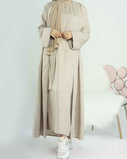 Elegant and Versatile: Two-Piece Djellaba Abaya Set with Belt for Muslim Women in Dubai