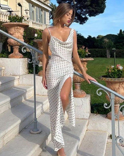 Fashion Polka Dots Summer Split Maxi Dress for Women Club Party Outfits Draped Sexy Backless Holiday Dresses New