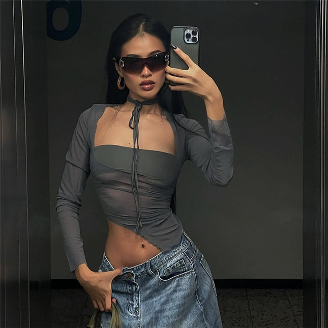 Mode Mesh Transparente Neckholder-Tops Damen Quadratischer Kragen Kurzarm T-Shirts Top Tee Cropped Y2K Club Party Streetwear