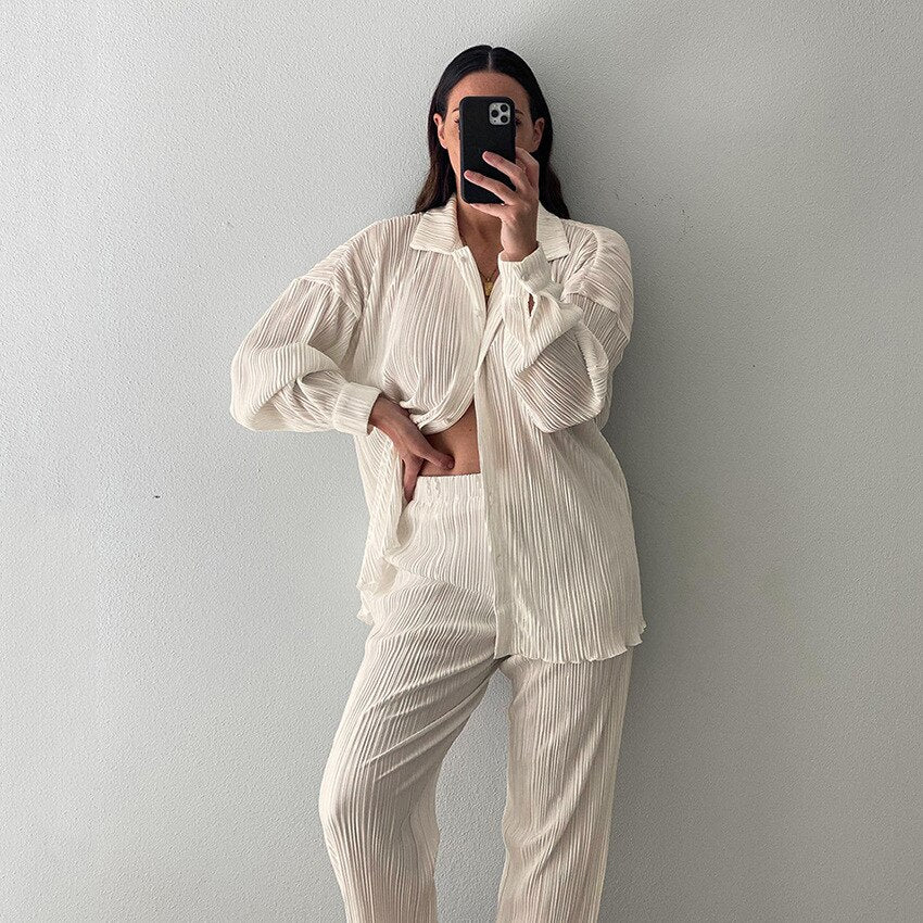 Autumn Pleated Women's Sets Top and Pants Casual Fashion Outfits Two Piece Set Loose Button Up Shirts Matching Set
