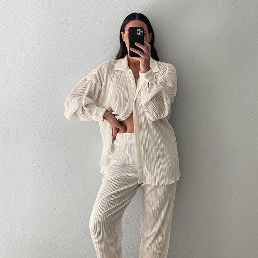 Autumn Pleated Women's Sets Top and Pants Casual Fashion Outfits Two Piece Set Loose Button Up Shirts Matching Set