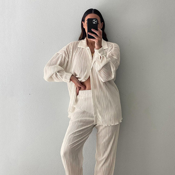 Autumn Pleated Women's Sets Top and Pants Casual Fashion Outfits Two Piece Set Loose Button Up Shirts Matching Set
