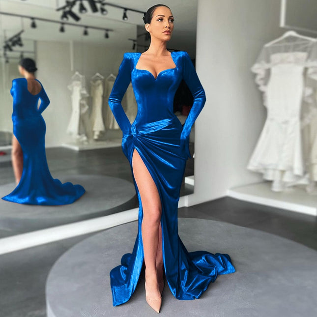 Elegantes Abendkleid Langarm Samt Schlitz Maxi-Kleid Geraffte Kleider für Damen Abend-Club-Outfits mit Handschuhen