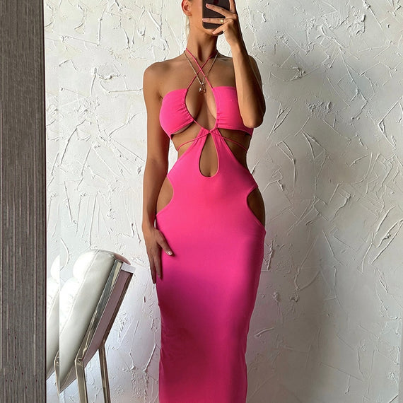Summer Cut Out Sleeveless Backless Halter Midi Dress Women Elegant Outfits Club Party Sexy Slip Dresses Clothes