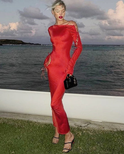 Hot Sexy Side Bandage Lace Up Red Long Sleeve Maxi Dress Elegant Outfits for Women Club Party Long Dresses Vestido