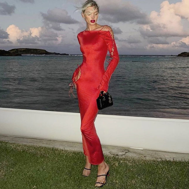 Heißes, sexy Maxi-Kleid mit seitlichen Schnürungen und roten langen Ärmeln, elegant für Damen, Club-Party, lange Kleider, Vestido