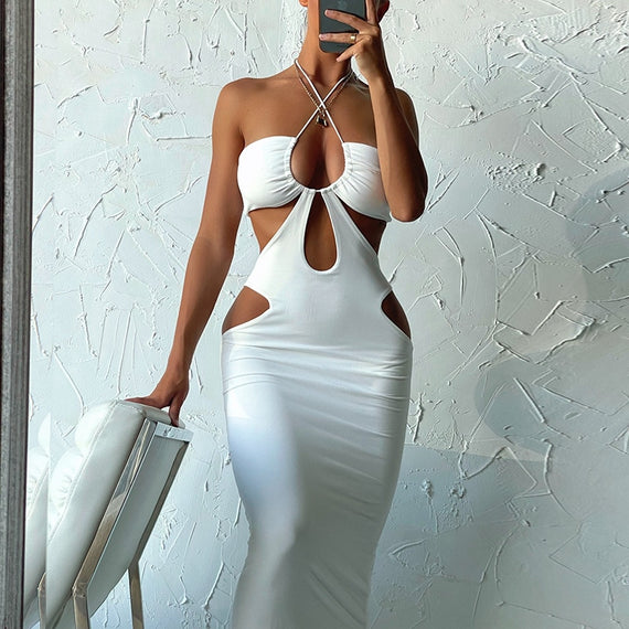 Summer Cut Out Sleeveless Backless Halter Midi Dress Women Elegant Outfits Club Party Sexy Slip Dresses Clothes