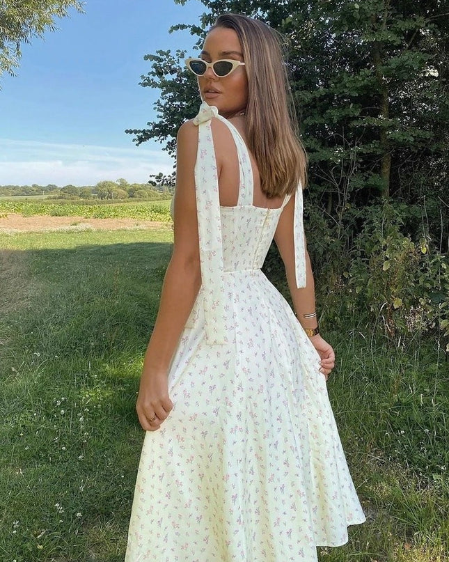 Geblümtes Cottagecore Ärmelloses Spaghettiträger Midikleid Party Club Sexy Rückenfreies Elegantes Schlitzkleid Damen Vestidos