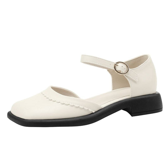Women Sandals Cap Square Toe Cover Heel Flats Buckle Strap Soft Leisure Shoes Black Beige Daily