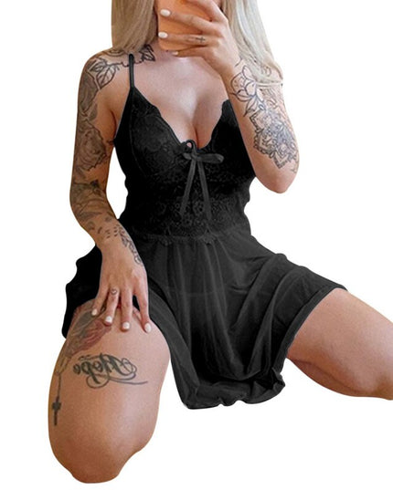 Sexy See-Through Lace Women's Nightdress Deep V-Neck Mesh Sleeveless Pajamas Sexy Sling Nightgown Homewear Women Mini Nightdress