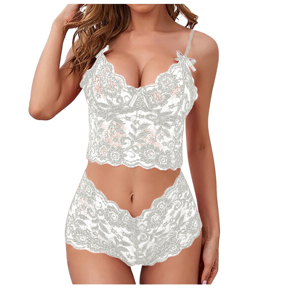 Sexy Two-piece Lingerie Set Women Fashion White Suspender Backless See-through Lace Underwear Panties Erotic Sex Costume