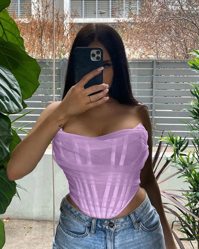 Ärmellose Mode Trägerloses Bustier Korsett Crop Tops Damen Mesh Rückenfrei Weiße Damen Tops Reißverschluss Sommer 2023
