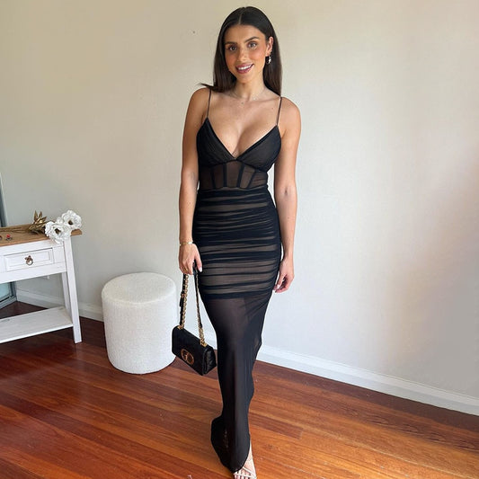 Ruched Mesh Draped Slip Maxi Dress Club Party Elegant Outfit for Women Sleeveless Summer Slit Sexy Bodycon Dresses