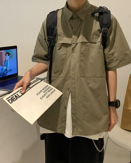 Cotton Harajuku Short Sleeve Cargo Shirt Korean Fashions Designer Shirt Men Japanese Style Korean Fashions Blouses Tops