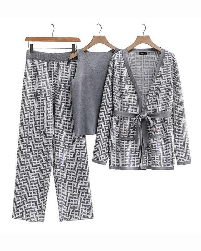 Luxury 3 Piece Knit Set Women Bandage Cardigan and Pants Set Winter Tracksuit Women Knitted Suit Knit Three Piece Set For Women