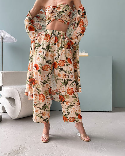 3 Pieces Set Outfits Women Wrap Chest Cardigan Pants Suit 3 Piece Sets Summer Floral Chiffon Sexy 3 Piece Matching Set For Women