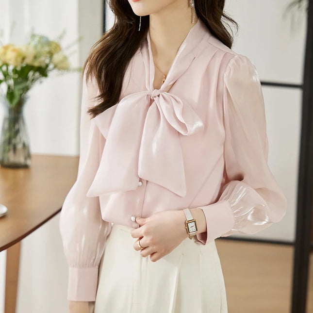 Elegante Frühlingsbluse für Damen: Satin-Bindeschleife, geschnürtes Organza und Chiffon-Langarm