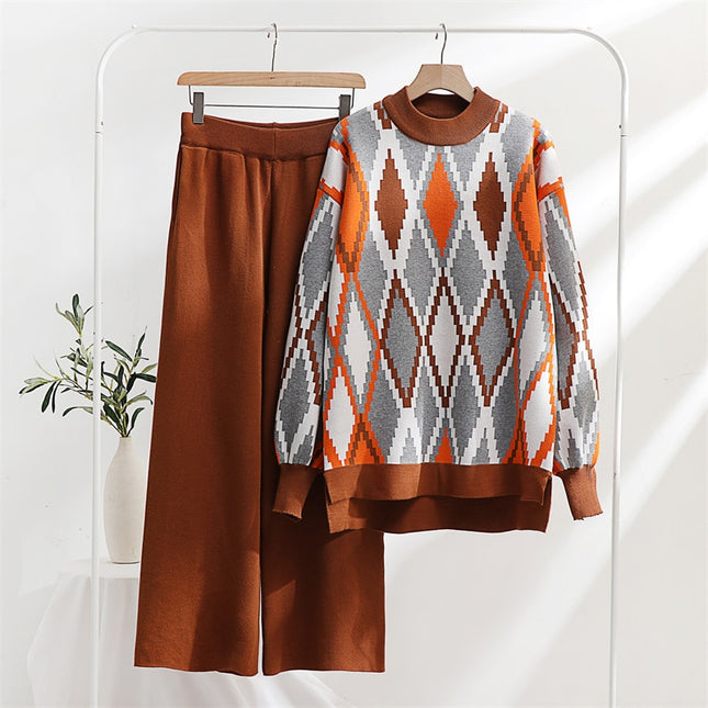 Lozenge Knitted Sweater Matching Set Loungewear Women Pants Suit 2 Piece Tracksuit Knit Two Piece Sets Womens Outifits Winter