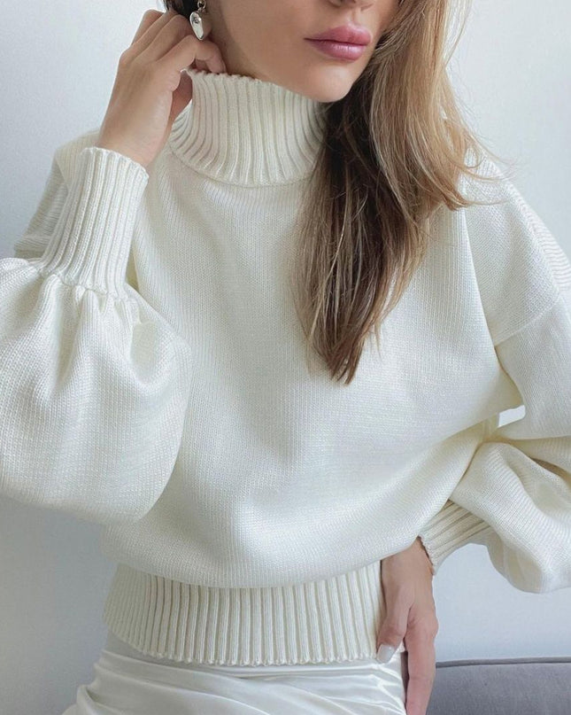 Fall Winter Knitted Puff Sleeve Sweaters for Women Pullovers Turtleneck Sweater Top Casual Fashion Outfits Clothes