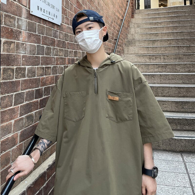 Y2K Streetwear Dragkedja Grafiska T-shirts 2023 Koreanskt Mode Harajuku T-shirts Svarta Vintage Kortärmade T-shirts med Luva
