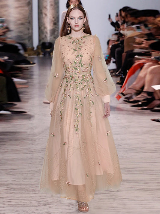 Mesh Embroidery Stitching Evening Dresses For Women Long Sleeve Round Neck High Waist Elegant Dress Female Clothing