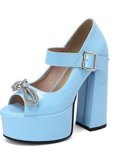 Women Sandals Peep Toe Block Heels Crystal Bowknot Buckle Strap Sexy Party Shoes Big Size