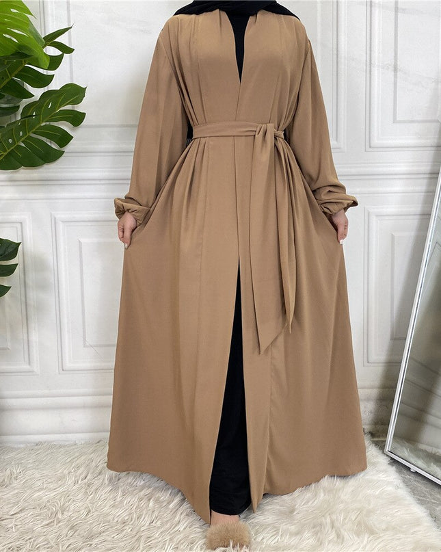 Mode Einfache Elastische Ärmel Djellaba Muslimisches Kleid Dubai Durchgehendes Weiches Abaya Dubai Türkei Muslimischer Islam Robe mit Gürtel