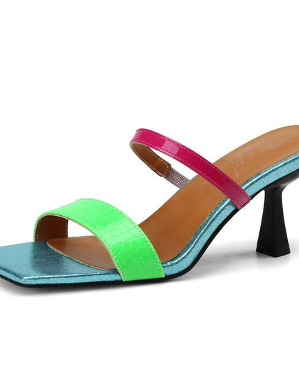 Women Sandals Square Toe Thin Heels Mules Slip On Mixed Color