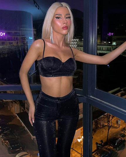 Fashion Glitter Top and Pant Sets Sexy High Waist Flare Pants Summer Outfits for Women Two Piece Matching Sets