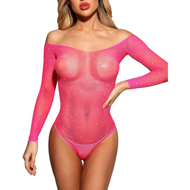 Sexy Netzstrumpfhose Bodysuit Durchsichtiges Mesh Eng Anliegend Damen Glitzernde Strasssteine Bodystockings Offene Schulter Sexy Netzstrumpfhose Bodystockings