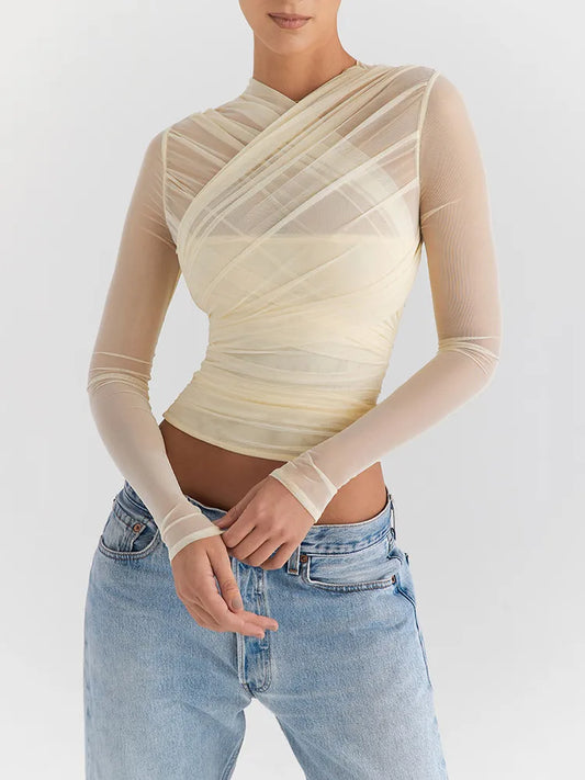Autumn Sheer Mesh Sexy T-Shirt - V Neck, Zipper, Layered, Skinny, Club Party Tops