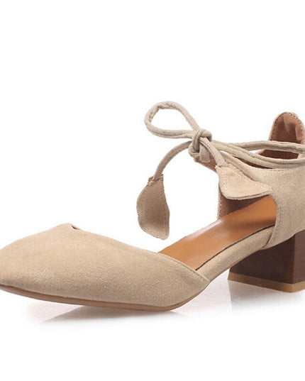 Pumps For Women Square Toe Block Heels Flock Lace-Up Shallow Sweet