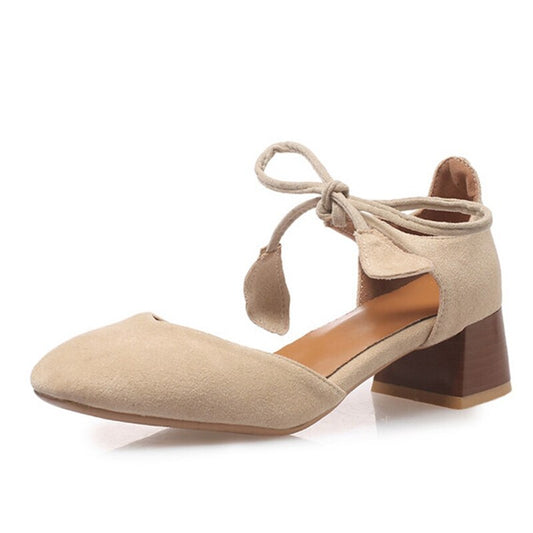 Pumps For Women Square Toe Block Heels Flock Lace-Up Shallow Sweet