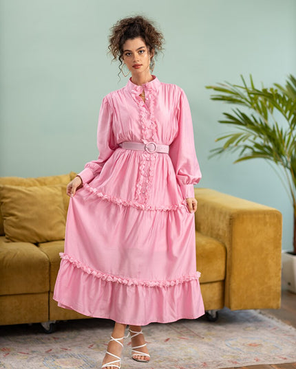 Elegante Damen Lange Plissierte Abendkleid Weiß Pink Blau Grün Chiffon Langarm Sommerkleid mit Gürtel für Frauen