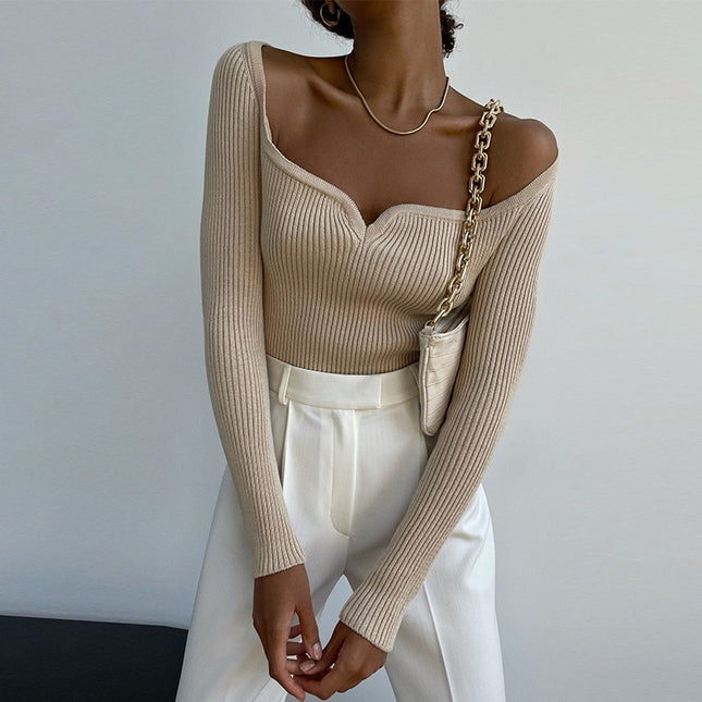 Elegante Damen-Oberteile mit eckigem Ausschnitt, modische Strick-Langarm-Oberteile, schmale, lässige Frühlings- und Herbstkleidung für das Büro