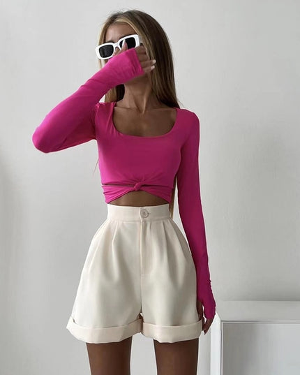 Damen Langarm Oberteile mit Knoten, lässige Mode Outfits, Herbst Basic T-Shirts, schmale Streetwear, bauchfreie Oberteile