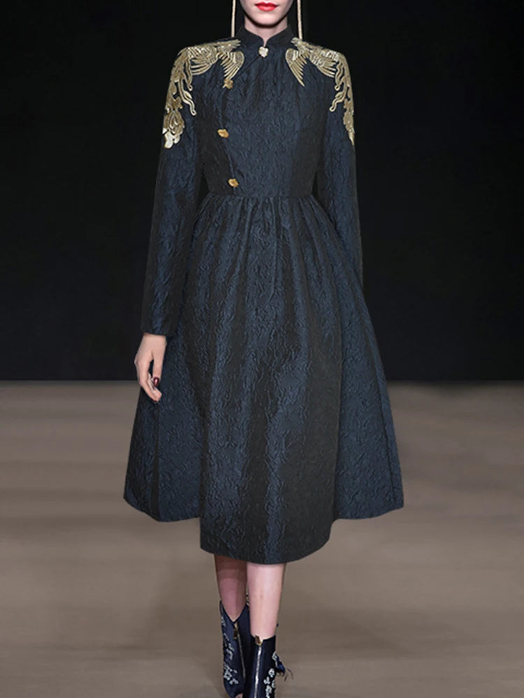 Stylish Embroidered Jacquard Dress for Women - Elegant High Waist Design