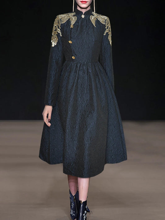 Stylish Embroidered Jacquard Dress for Women - Elegant High Waist Design
