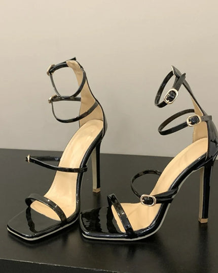 Stunning Golden Sandals for Women: Square Toe, Super Thin High Heels, and Ankle Buckle Strap
